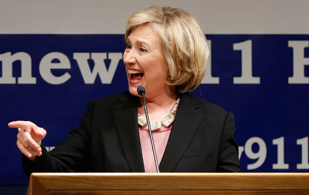 Former Secretary of State Hillary Rodham Clinton speaks during a a fundraiser in Lower Manhattan benefiting two union-backed Sept. 11 victims' advocacy groups, in New York.