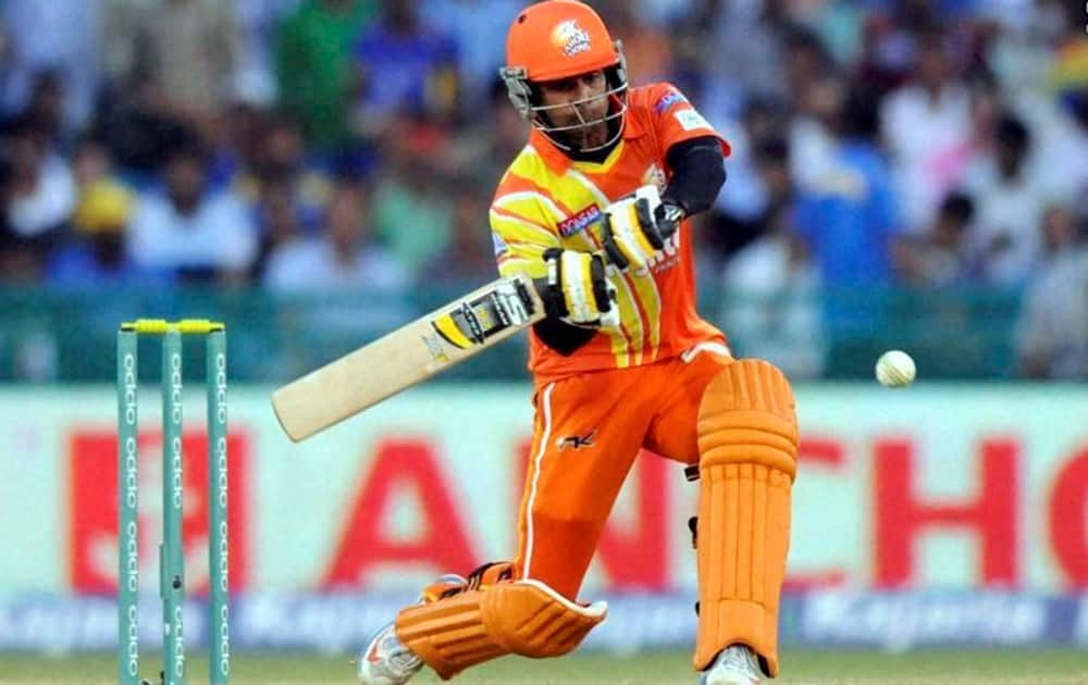 Lahore Lions captain Mohammad Hafeez plays a shot against Southern Express during the qualifier 5 match of the Oppo Champions League Twenty20 at Raipur, Chhattisgarh.