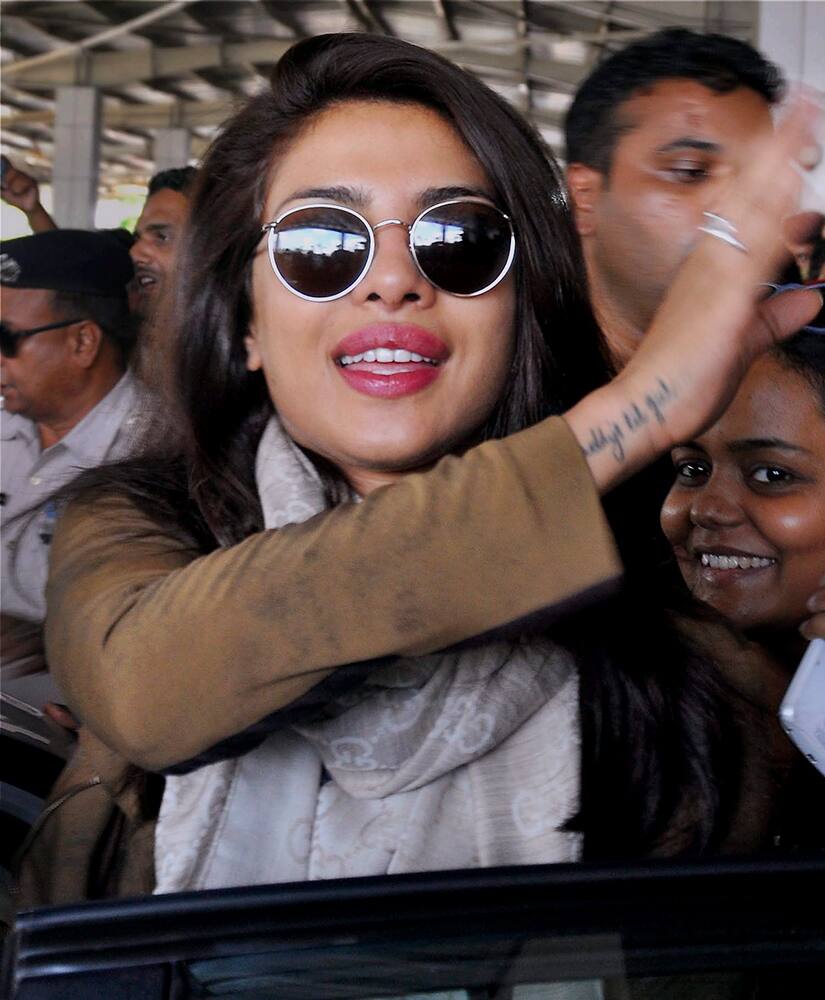 Bollywood actress Priyanka Chopra arrives at International Gopinath Borolodi Airport to promote her film Marykom in Guwahati.