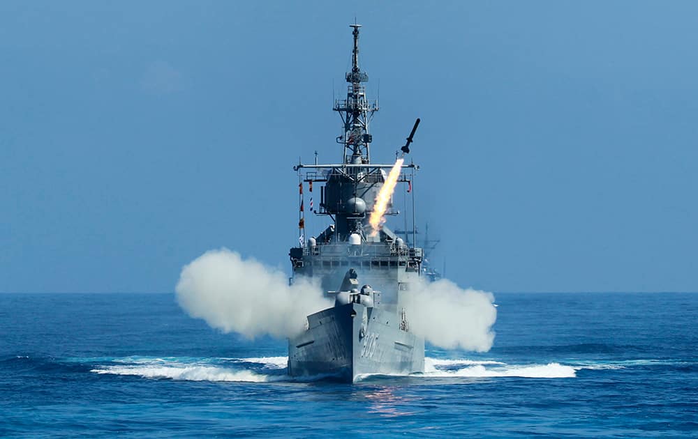 Taiwan Navy's Perry-class frigate launches an ASROC (anti-submarine rocket) during the annual Han Kuang military exercises, off the east coast of Hualien, central Taiwan.