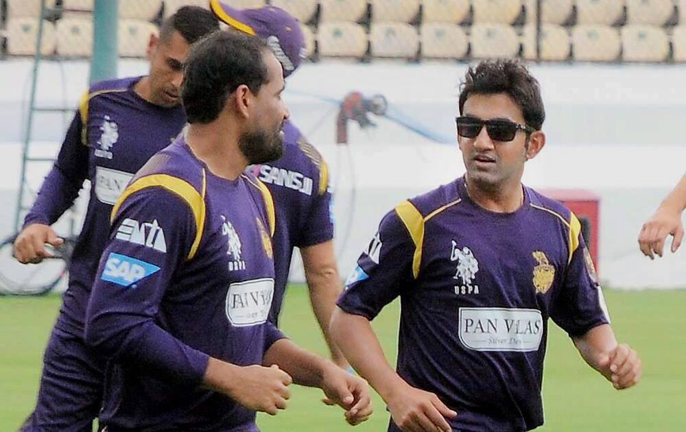 KKR captain Gautam Gambhir and Yusuf Pathan at a practice session in Hyderabad.