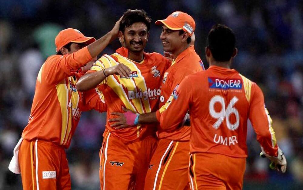 Aizaz Cheema of Lahore Lions celebrates the wicket of Danushka Gunatilake of the Southern Express during the qualifier 5 match of the Oppo Champions League Twenty20.