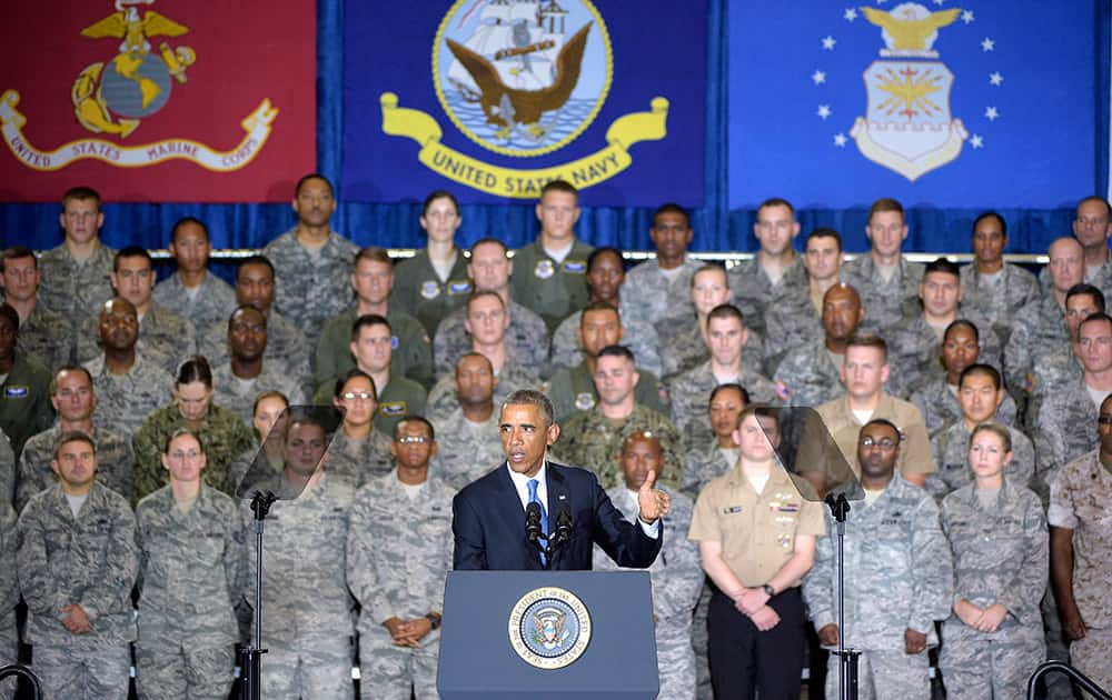 President Barack Obama speaks to a crowd of military personnel at US Central Command at MacDill Air Force Base in Tampa, Fla.