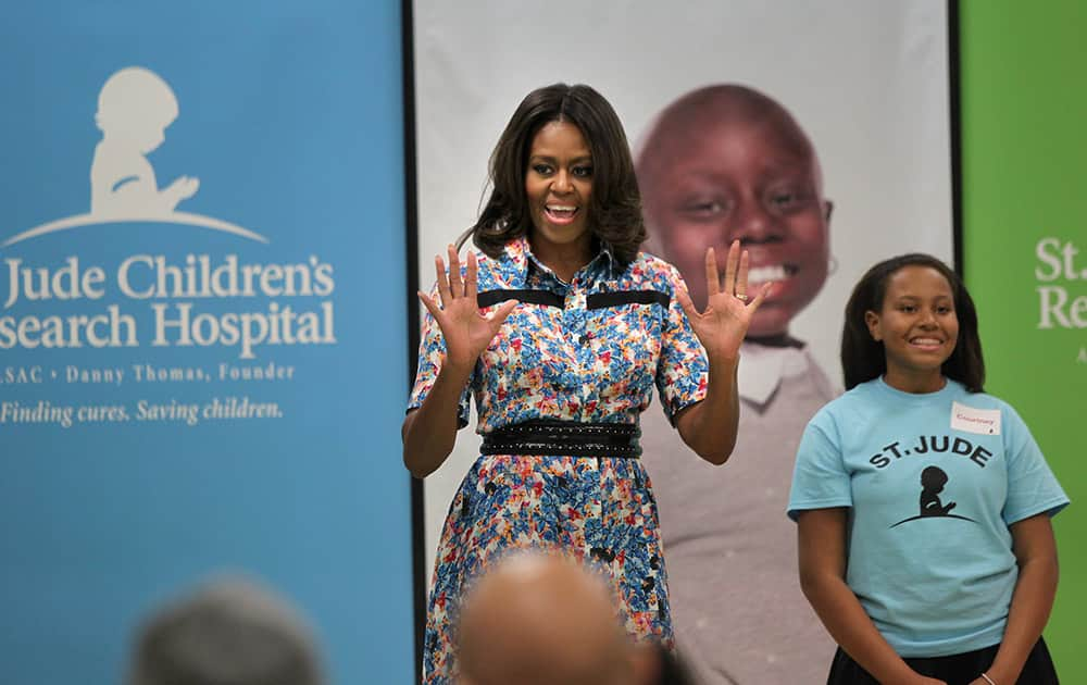 The First Lady of the United States, Michelle Obama, visits St. Jude Children's Research Hospital in Memphis, Tenn. St. Jude is considered a leading researcher of cancer and other life-threatening diseases that affect children.