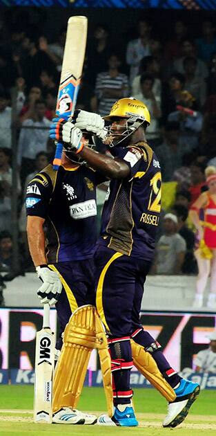 Kolkata Knight Riders AD Russell celebrates after his half century against Chennai Super Kings at Champions League Twenty20 in Hyderabad.