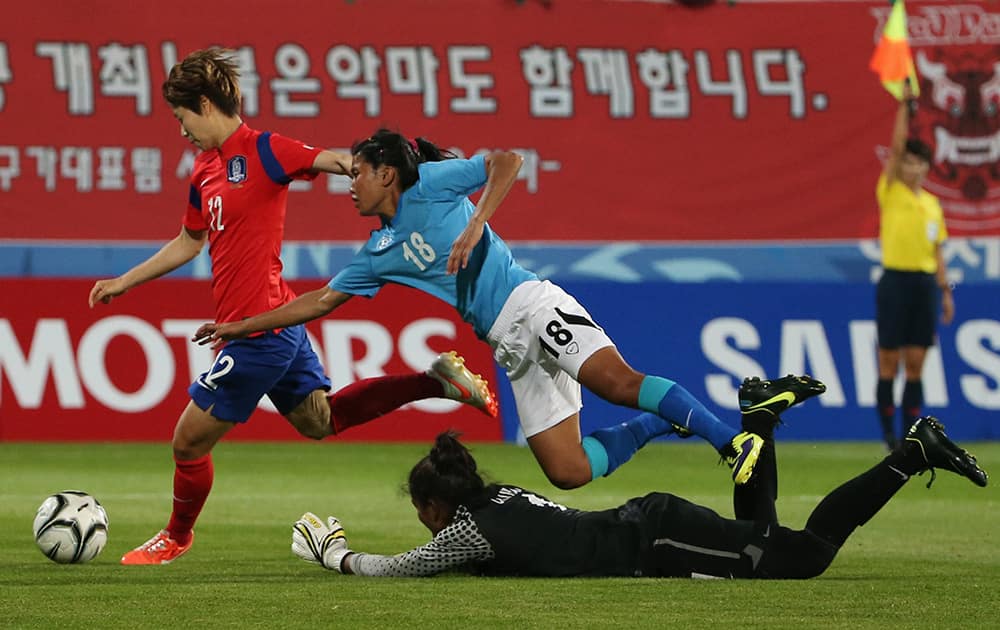South Korea's Younga Yoo, shoots past India's Umapatidevi Thokchom (18) and goalkeeper Aditi Chauhan during their women's first round group A soccer match at the 17th Asian Games in Incheon, South Korea.