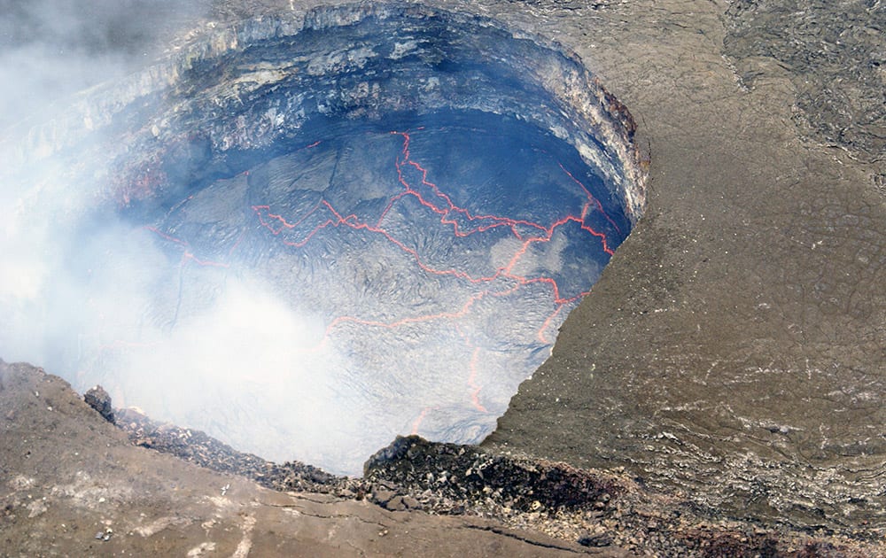 US Geological Survey shows an active lava lake inside a crater at the summit of the Kilauea volcano in Pahoa, Hawaii. 