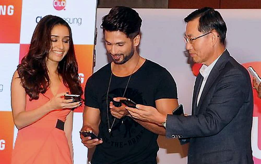 Bollywood actors Shahid Kapoor and Shraddha Kapoor during the launch of 'Club Samsung' application in Mumbai.