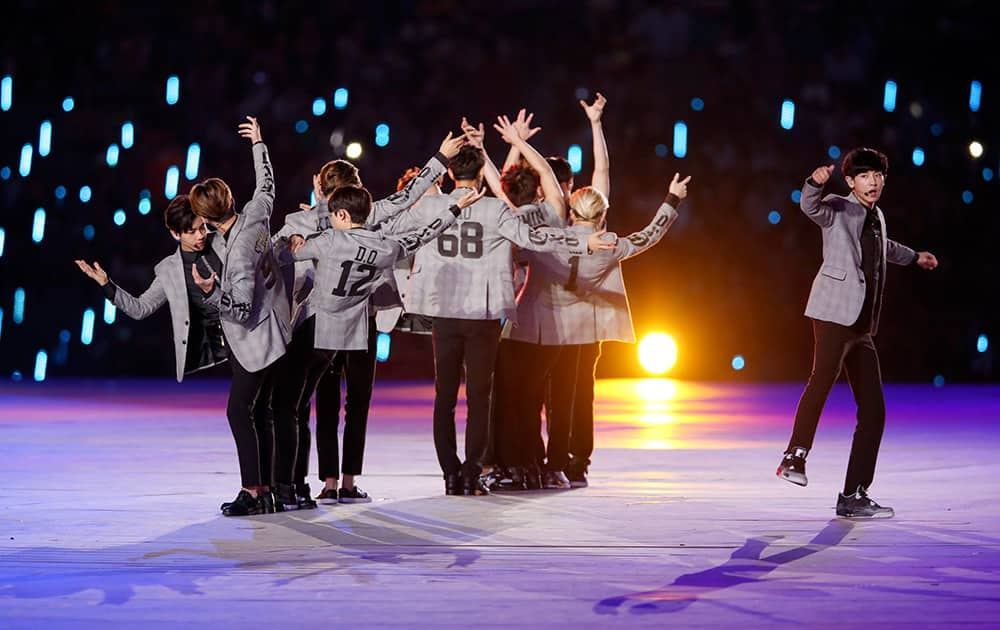 South Korean musical group Exo perform during the opening ceremony for the 17th Asian Games at Incheon Asiad Main Stadium in Incheon, South Korea.