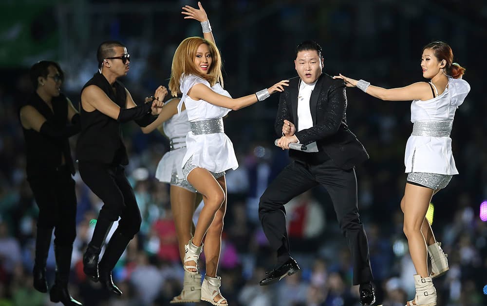 South Korean rapper PSY, performs at Incheon Asiad Main Stadium during the opening ceremony for the 17th Asian Games in Incheon, South Korea.