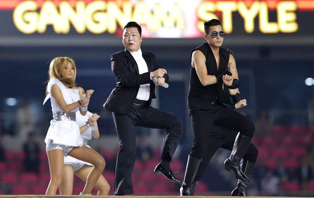 South Korean rapper PSY, performs at Incheon Asiad Main Stadium during the opening ceremony for the 17th Asian Games in Incheon, South Korea.