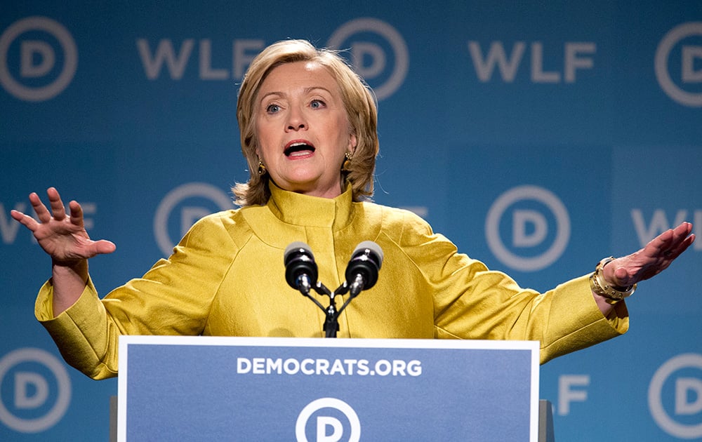 Former Secretary of State Hillary Rodham Clinton, speaks at the Democratic National Committee's Women's Leadership Forum in Washington.