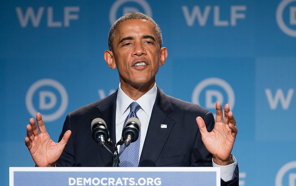 President Barack Obama, speaks at the Democratic National Committee's Women's Leadership Forum in Washington.