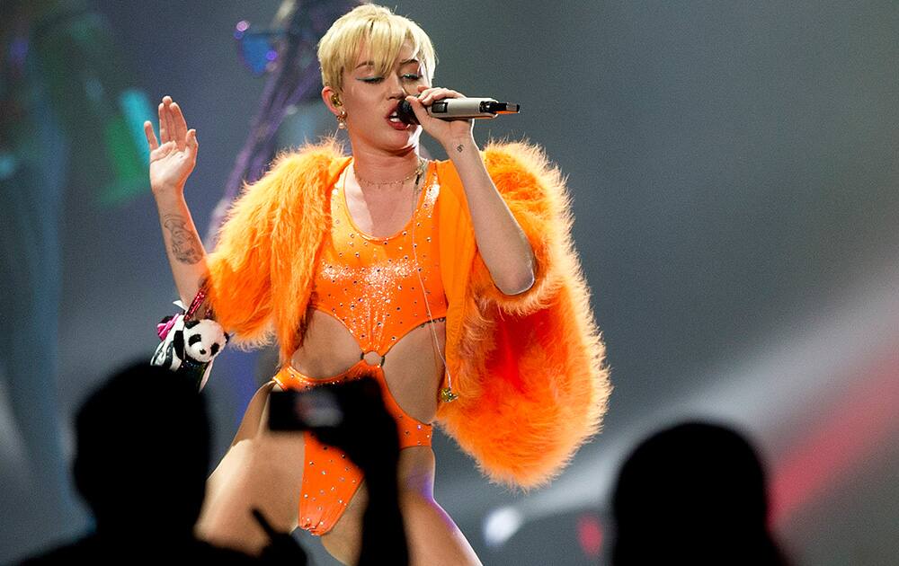 U.S. singer Miley Cyrus performs in concert during her Bangerz Tour in Mexico.