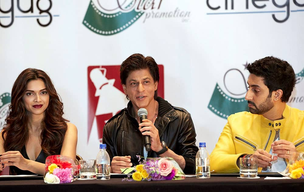 Actors Shahrukh Khan, Abhishek Bhachchan and Deepika Padukone at an event in Houston.
