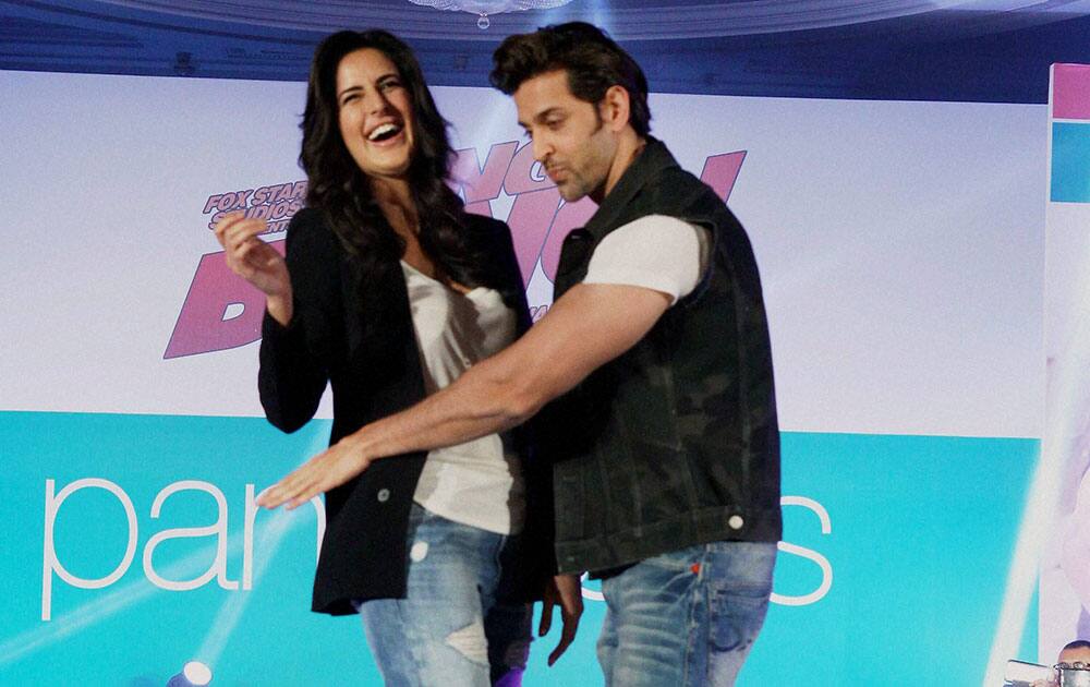 Bollywood actors Katrina Kaif and Hrithik Roshan showcase the Pantaloons limited edition collection during the promotion of their film, Bang Bang in Mumbai.