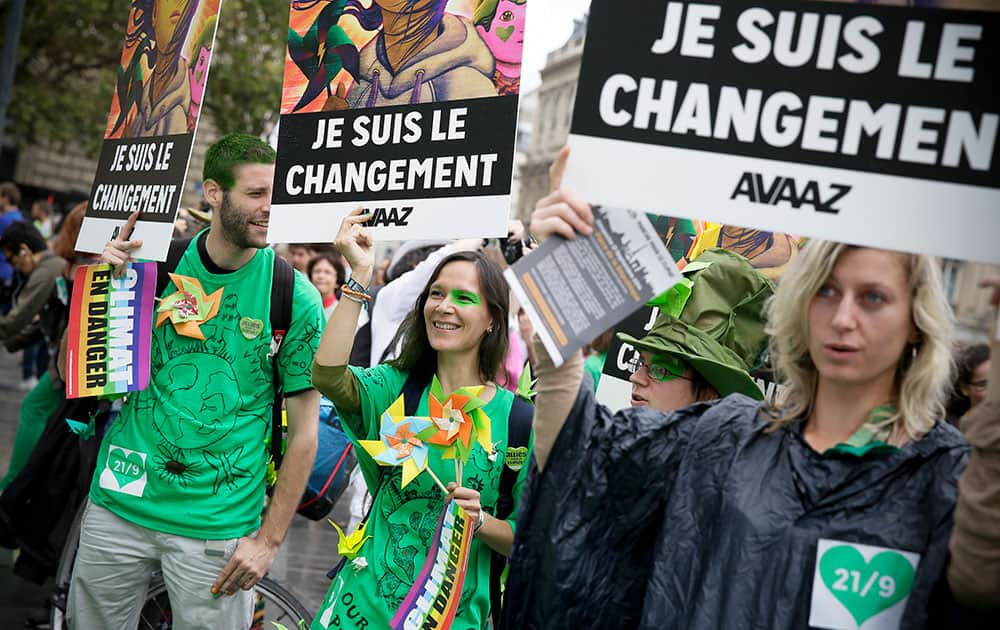 The crowd walks at People's Climate March Paris, in Paris France.