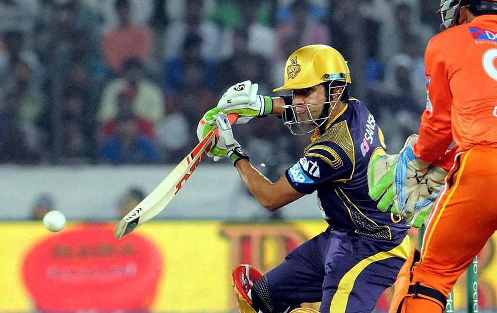 Kolkata Knight Riders batsman Gautam Gambhir plays a shot during the CLT20 match against Lahore Lions, in Hyderabad.