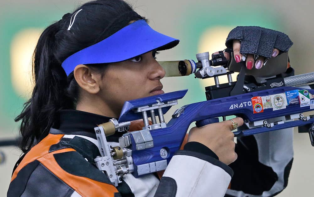 India's Ayonika Paul competes during the Women's 10m Air Rifle shooting competition at the 17th Asian Games at Ongnyeon International Shooting Range in Incheon, South Korea.