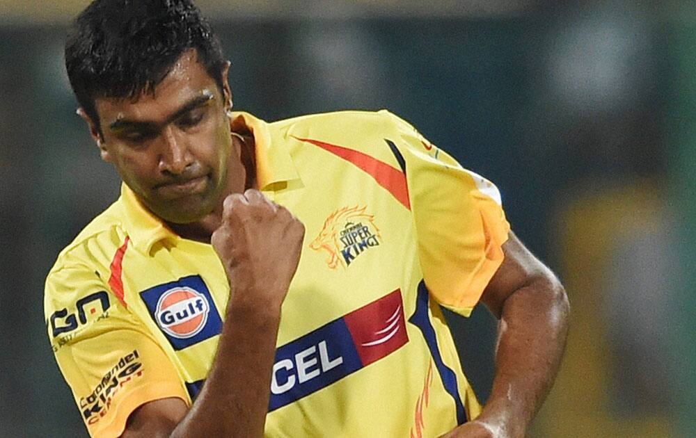 Chennai Super Kings bowler R Ashwin celebrates the wicket of Dolphins batsman Morne Van Wyk during the Champions League Twenty20 match at Chinnaswamy Stadium in Bengaluru.