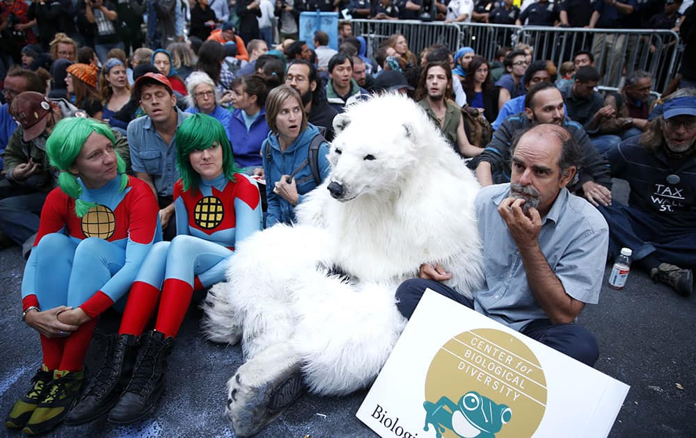 Protesters, including one dressed as a polar bear, sit at the intersection of Wall St. and Broad St. in New York.