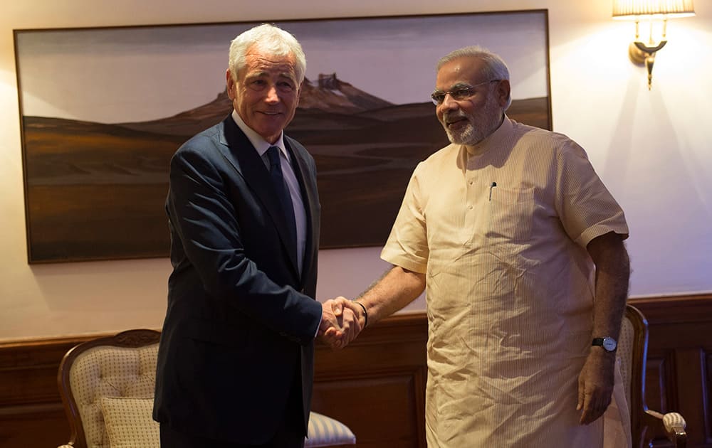 Prime Minister Narendra Modi with US Defence Secretary Chuck Hagel, during the latter's recent visit to India.