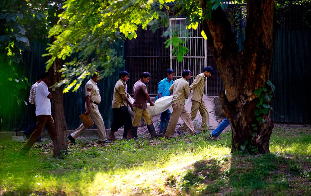 Workers carry the body of a man who was killed by a white tiger past its cage at the zoo in New Delhi.