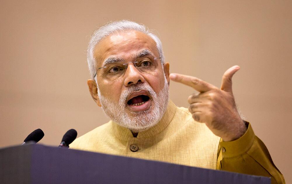 Prime Minister Narendra Modi addresses business leaders as he launches his 'Make in India' initiative, prior to his scheduled departure to the US in New Delhi.