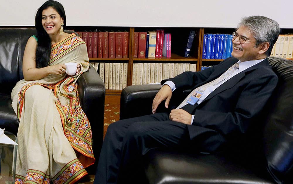 Bollywood actress Kajol, a UN designated Ambassador for Hand Washing with Ambassador Asoke Mukerji, Indias Permanent Representative to the United Nations in New York .