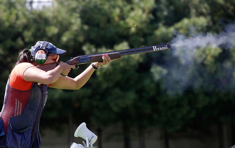 India's Shagun Chowdary competes during the Women's Double Trap shooting competition at the 17th Asian Games at Gyeonggido Shooting Range in Incheon, South Korea.