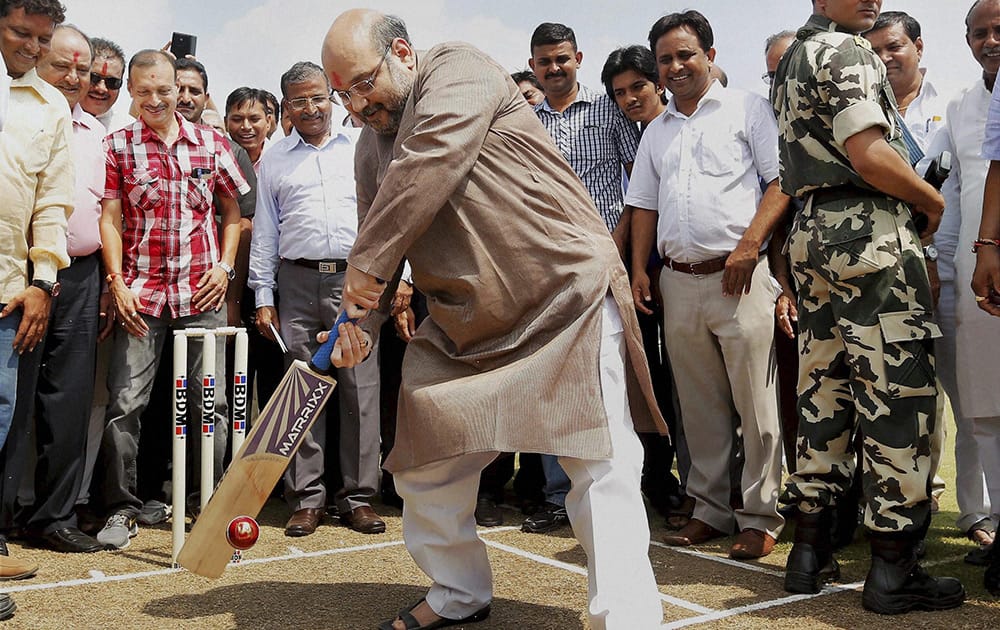 Bharatiya Janta Party President Amit Shah bats to inaugurate Gujarat Cricket Association ground in Ahmedabad.