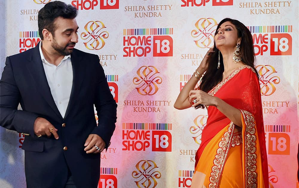 Shilpa Shetty with her husband Raj Kundra at a launch event in New Delhi.