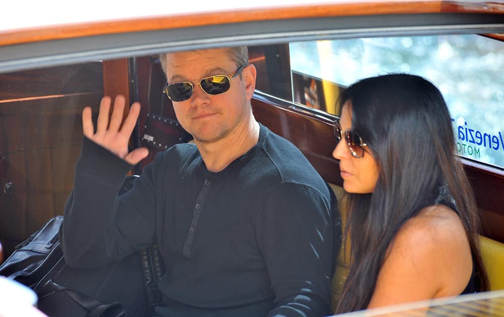 Matt Damon and his wife Luciana Barroso, arrive at Venice Lido, Italy. Actor director George Clooney revealed earlier this month at a star-studded benefit in Florence that he would marry human rights lawyer Amal Alamuddin in the lagoon city, but refrained from giving the date. 