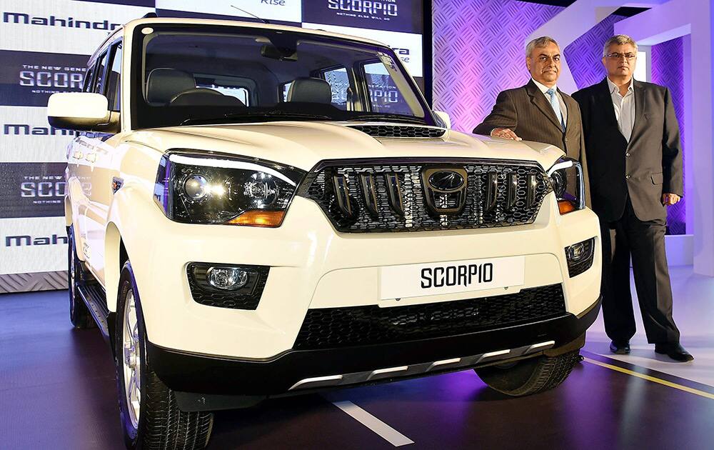 Praveen Shah (L), CEO, Mahindra & Mahindra, Automotive Division and Vivek Nayer, Chief Marketing Officer, during launch of New Generation Scorpio in New Delhi.