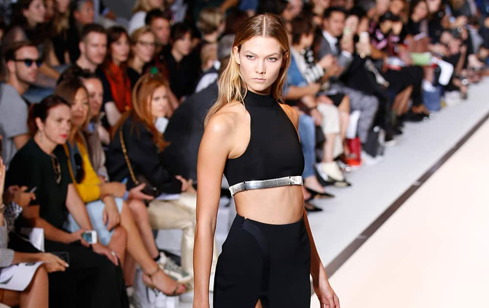 A model wears a creation for Mugler's Spring/Summer 2015 ready-to-wear fashion collection presented in Paris.