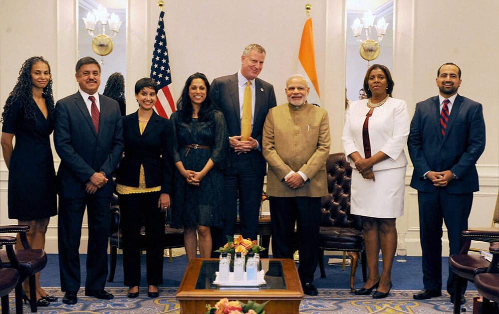 Prime Minister Narendra Modi during a meeting with the New York Mayor Bill de Blasio.