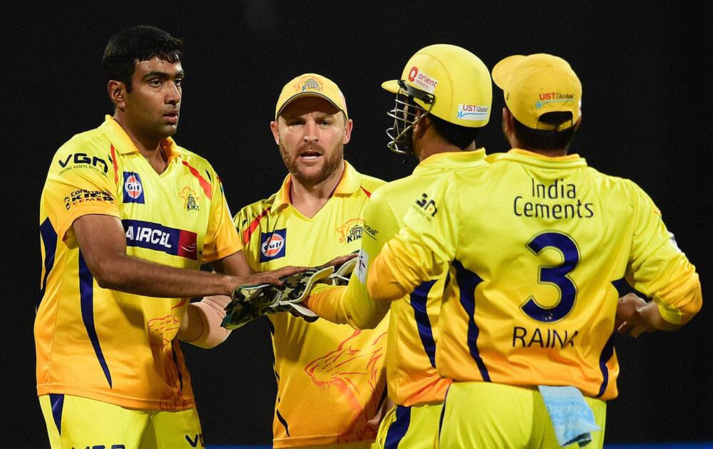 Chennai Super Kings bowler Ravichandran Ashwin celebrates the wicket of Perth Scorchers player Ashton Agar during CLT20 match at Chinnaswamy Stadium in Bengaluru.