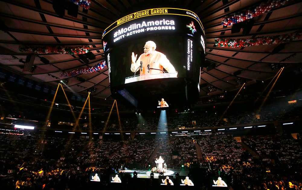 Prime Minister Narendra Modi of India gives a speech during a reception by the Indian community in honor of his visit to the United States at Madison Square Garden.