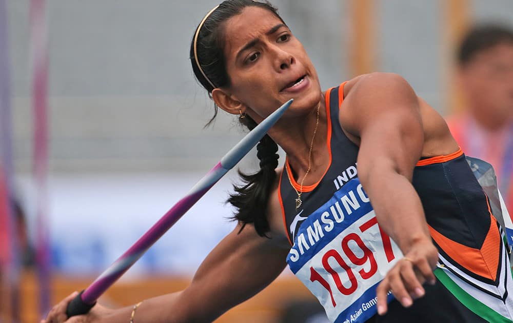 India's Susmita Singha Roy competes in the women's heptathlon javelin throw at the 17th Asian Games in Incheon, South Korea.