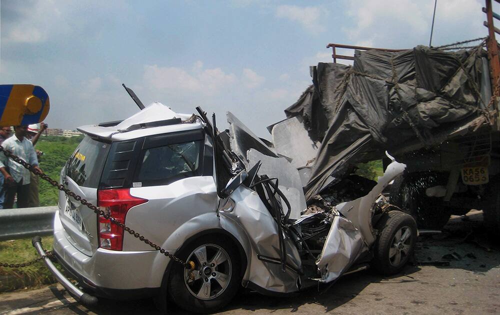 A wrecked SUV after it collided with a parked truck at outer ring road in Gachibowli, Hyderbad.