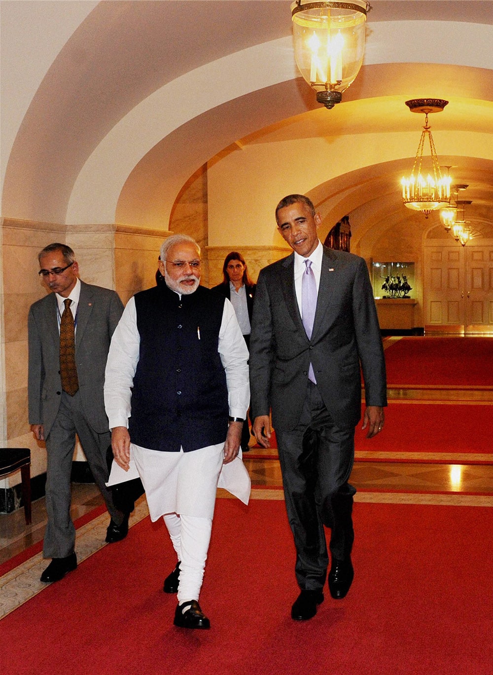 US President Barack Obama welcomes Indian Prime Minister Narendra Modi at the dinner hosted in his honour, at the White House, in Washington DC.