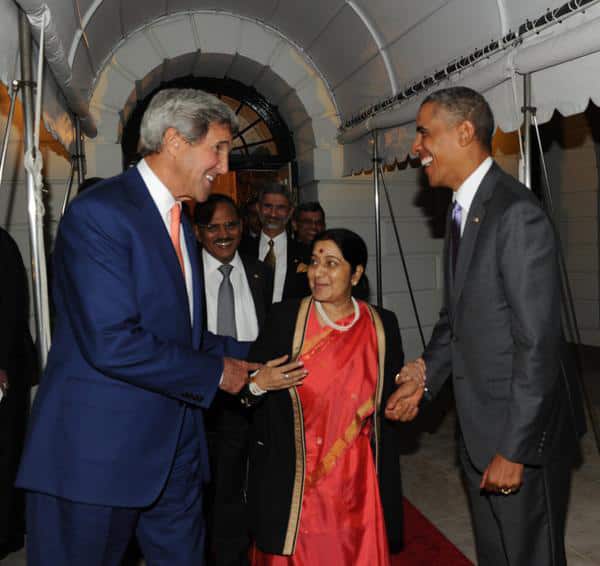 US President Barack Obama, External Affairs Minister Sushama Swaraj and US Secretary of State John Kerry at the White House in Washington.