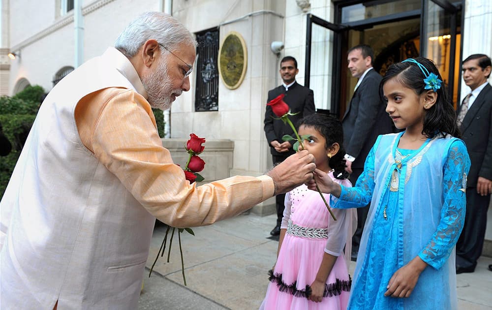 Prime Minister Narendra Modi interacts with the children at Indian Embassy in USA at Washington DC.