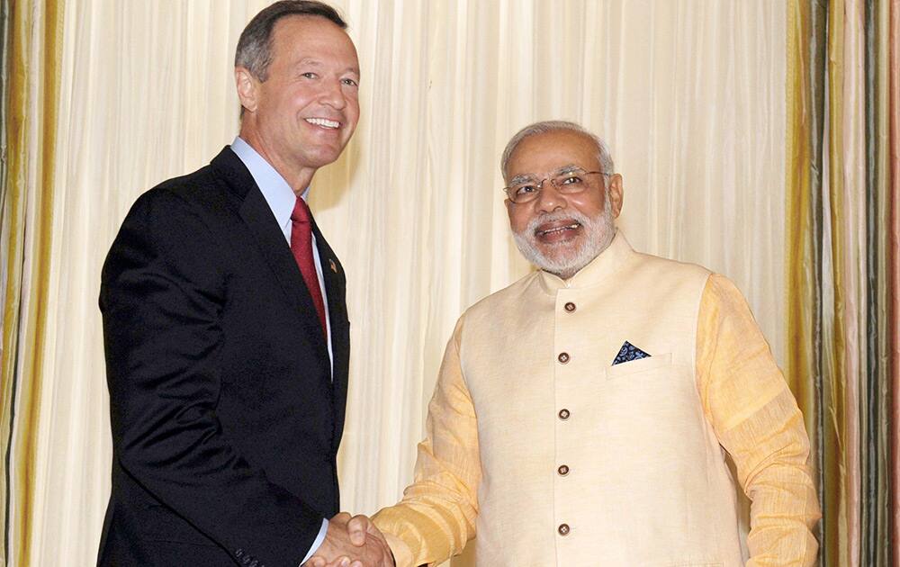 Prime Minister Narendra Modi meeting the US Secretary of Defence Chuck Hagel in Washington DC.