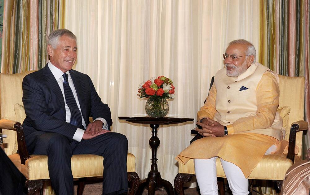 Prime Minister Narendra Modi meeting the US Secretary of Defence Chuck Hagel in Washington DC.