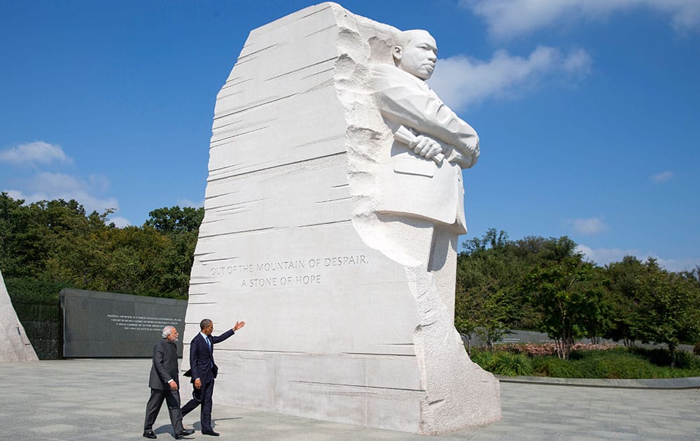 President Barack Obama escorts Indian Prime Minister Narendra Modi at the Martin Luther King Jr. Memorial in Washington.