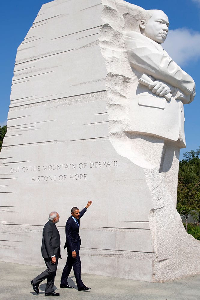 President Barack Obama escorts Indian Prime Minister Narendra Modi at the Martin Luther King Jr. Memorial in Washington.