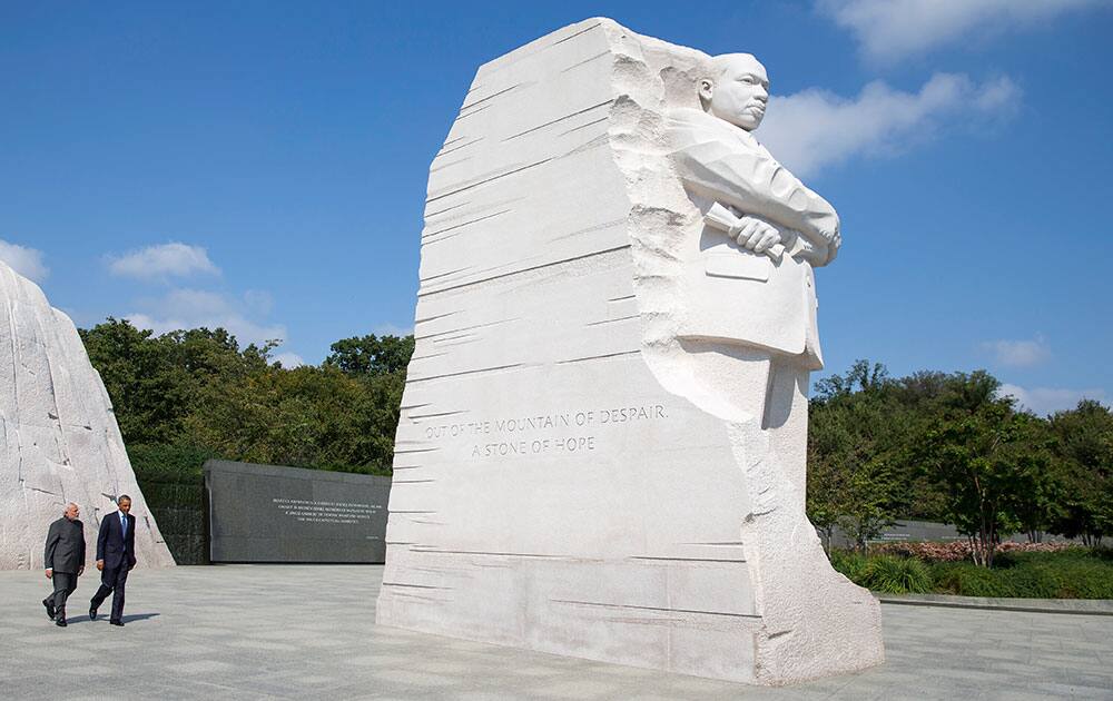 President Barack Obama escorts Indian Prime Minister Narendra Modi at the Martin Luther King Jr. Memorial in Washington