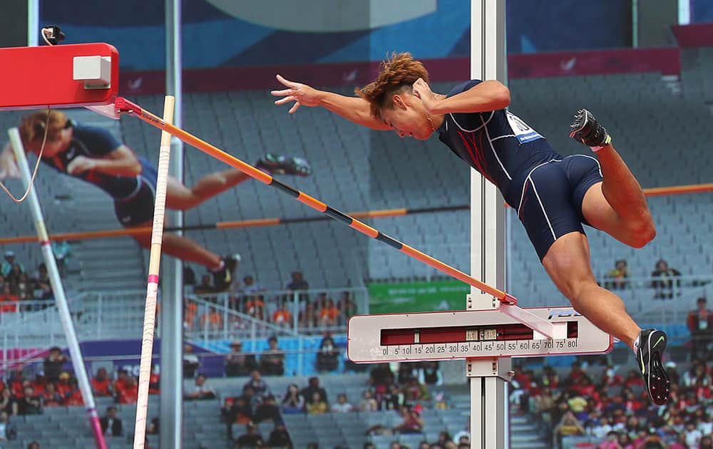 Korea's Bae Sangwha competes in the men's decathlon pole vault at the 17th Asian Games in Incheon, South Korea.