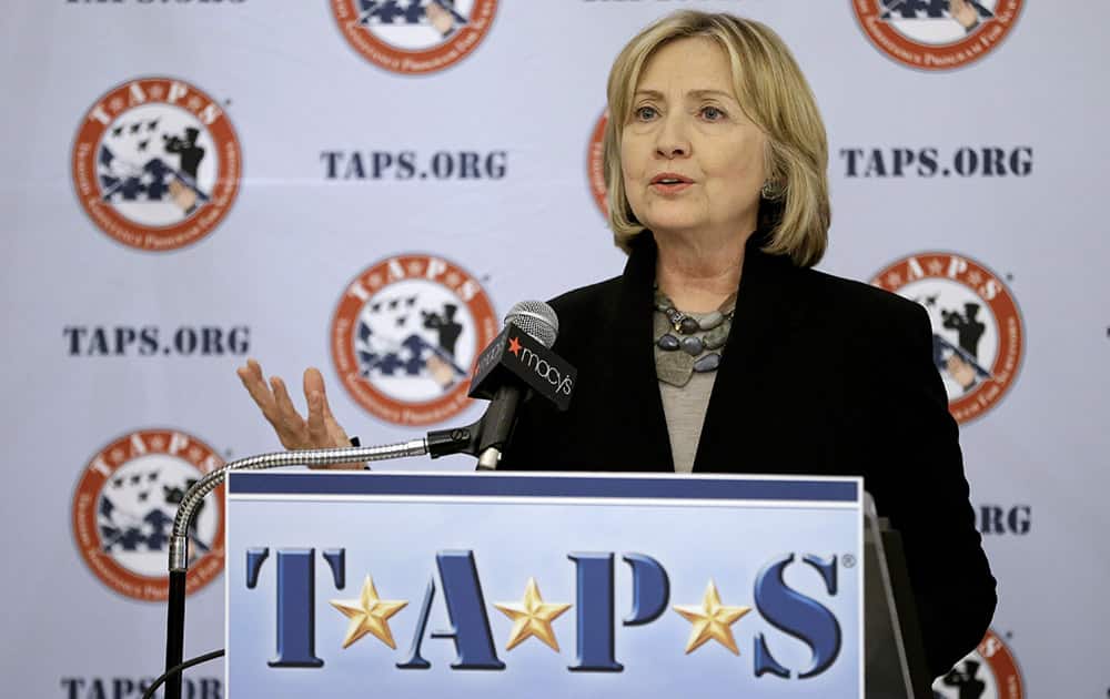 Former US Secretary of State Hillary Rodham Clinton speaks before receiving a Lifetime Service Award from TAPS, in New York.